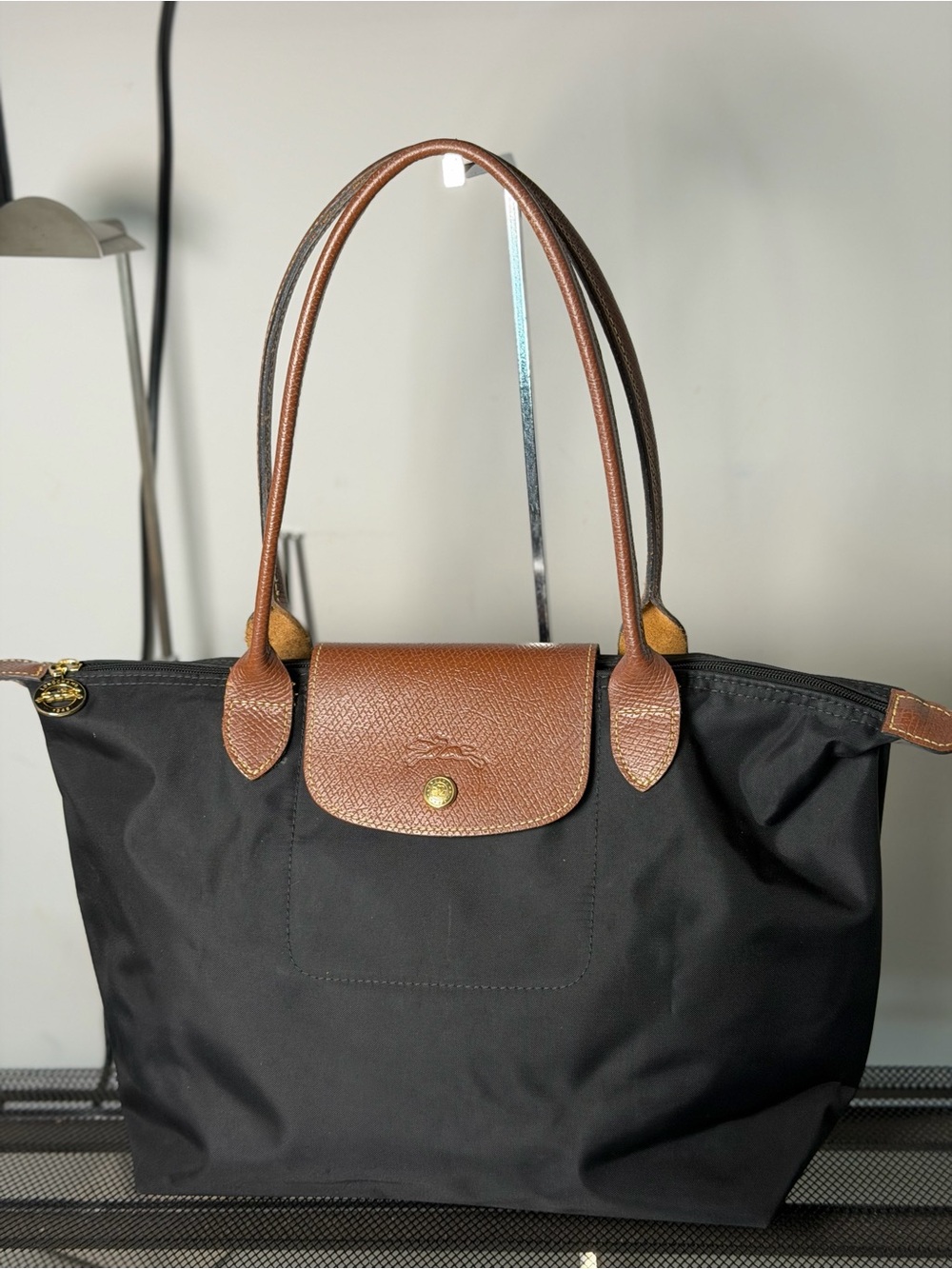 Longchamp Le Pliage Medium Shoulder Tote – Black Nylon Brown Leather